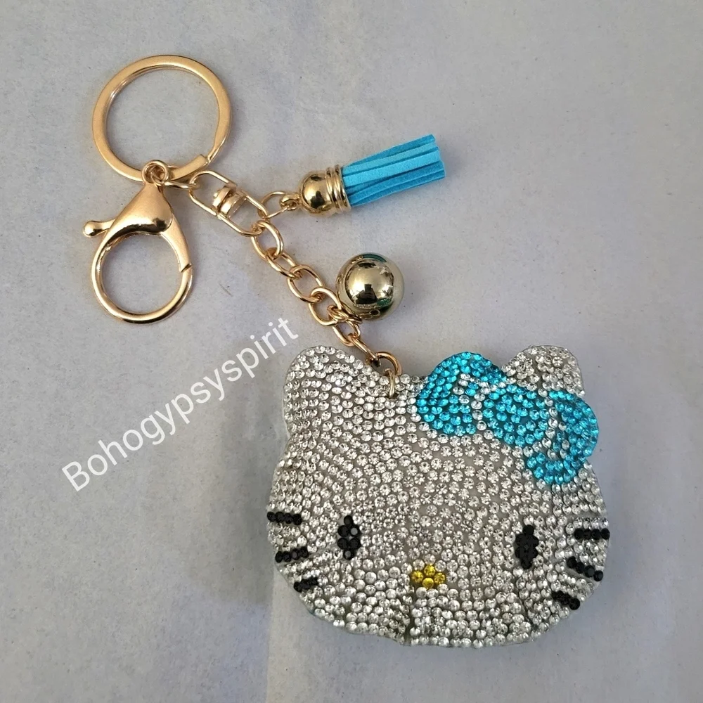 Hello Kitty Blue Bow Crystal Rhinestone Keychain Bag Charm With Tassel